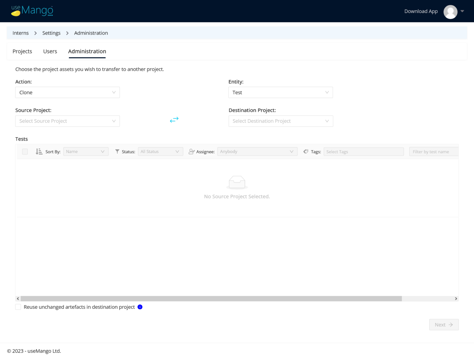 New feature - Cloning of Tests across projects. - useMango